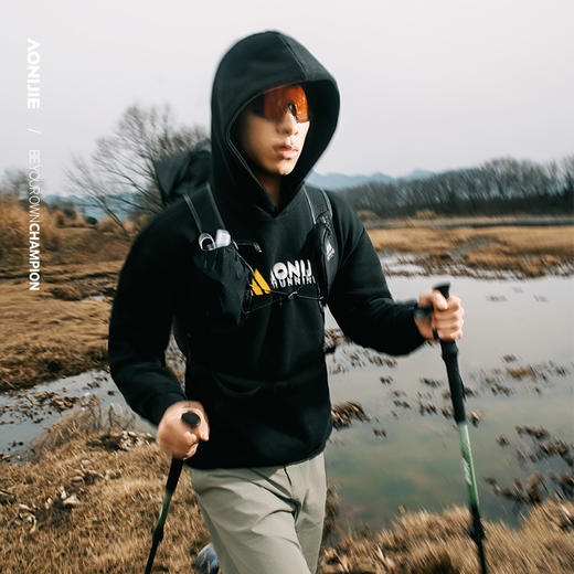 奥尼捷运动卫衣黑色加绒连帽卫衣防风保暖情侣装卫衣 商品图2