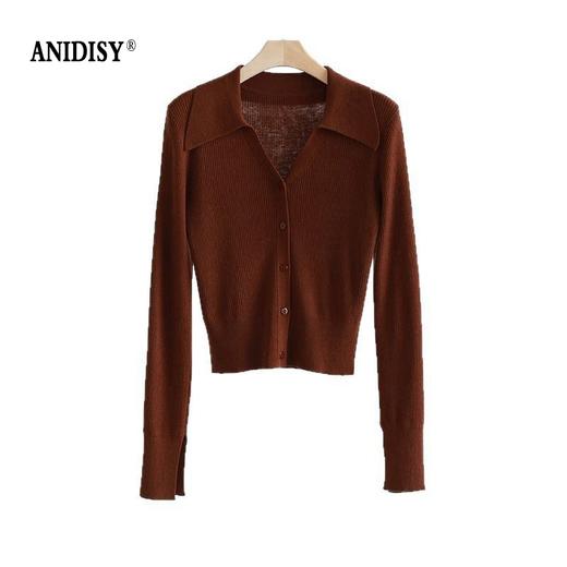 优雅法式翻领V领长袖单排扣针织开衫上衣 商品图4