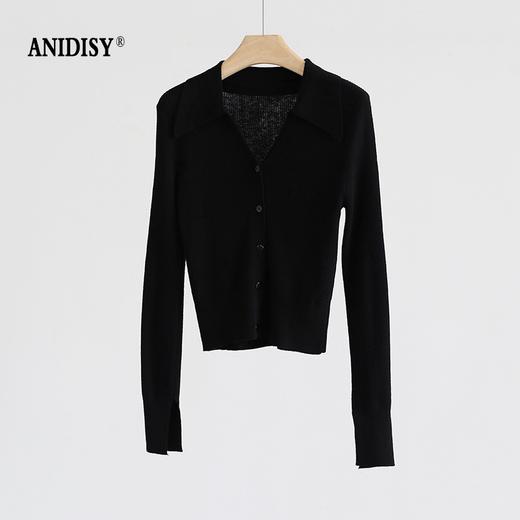 优雅法式翻领V领长袖单排扣针织开衫上衣 商品图1