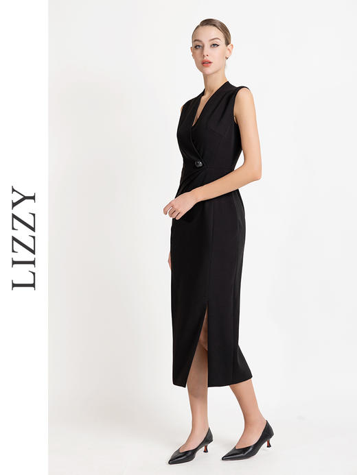 LIZZY早秋优雅气质通勤修身显瘦V领包臀开叉无袖连衣裙8010 商品图2