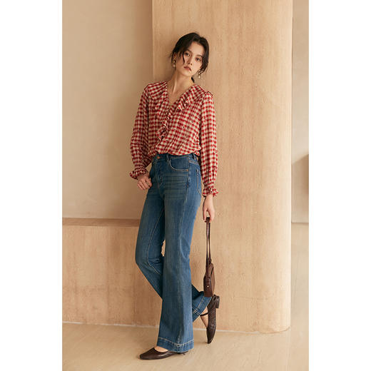 HeyDress法式格子衬衫女春季宽松印花设计感衬衣高级气质红色上衣 商品图3