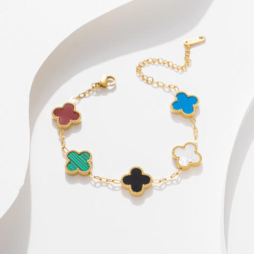 五色金五花高版不四叶草轻奢双面好运钢钛18K掉色手链工厂手链批 商品图3