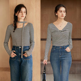 HeyDress飘带条纹T恤女春季复古V领内搭打底衫正反两穿长袖上衣