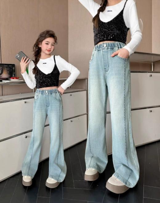 【春日童装 | 吾家波浪工艺喇叭裤】可穿至170码，面料柔软亲肤，不易变形好打理，细节设计精致到位，肤感舒适透气，腰部弹力设计，侧插口袋方便装物，风格简约百搭。 商品图3