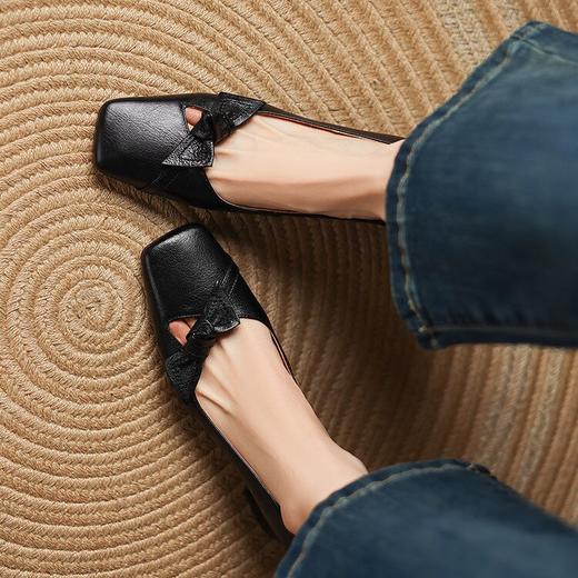 【预售5天】小清新复古方头粗跟单鞋真皮时尚镂空蝴蝶结气质高跟鞋软底中跟工作鞋女LD&7268 商品图4