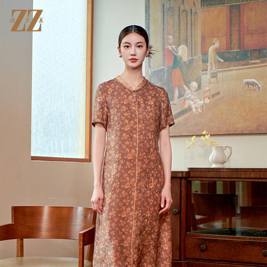 佐尔美夏季新款 气质新中式国风100%桑蚕丝连衣裙女M42LS32 商品图1