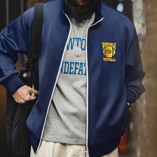 工装优选 美式休闲学院风撞色刺绣夹克空气层立领宽松开衫卫衣男春 商品图4