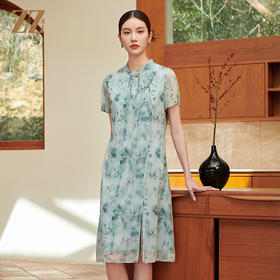 佐尔美夏季新款 气质国风新中式水墨花卉桑蚕丝连衣裙女M42LS28