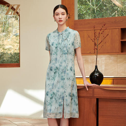 佐尔美夏季新款 气质国风新中式水墨花卉桑蚕丝连衣裙女M42LS28 商品图0
