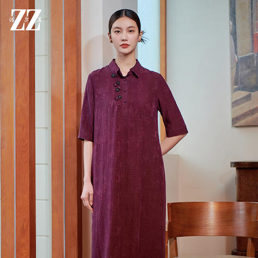 佐尔美夏季新款 气质优雅新中式莨绸100%桑蚕丝连衣裙女M42LS13 商品图0
