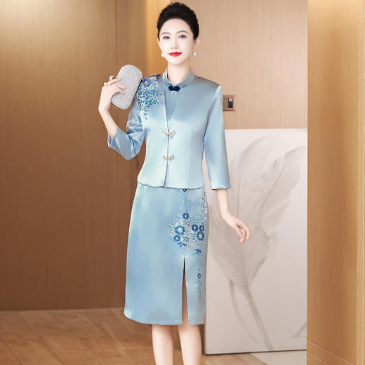 复古修身改良版旗袍裙，中式立领显年轻喜婆婆套装LC2478 商品图0