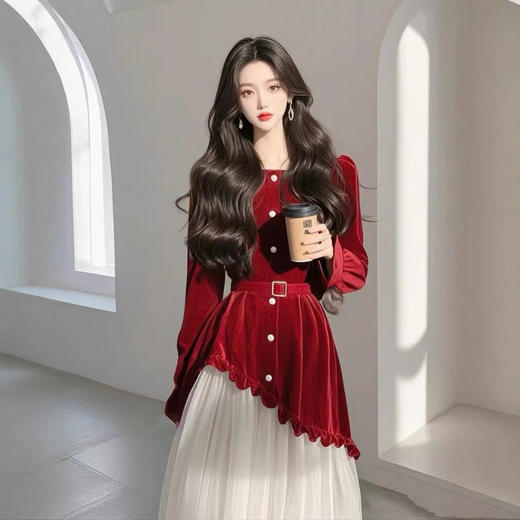 法式高级感漂亮独特气质名媛小香风红色拼接收腰连衣裙 商品图3