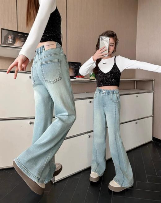 【春日童装 | 吾家波浪工艺喇叭裤】可穿至170码，面料柔软亲肤，不易变形好打理，细节设计精致到位，肤感舒适透气，腰部弹力设计，侧插口袋方便装物，风格简约百搭。 商品图2