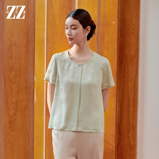 佐尔美夏季新款 气质新中式国风100%桑蚕丝短袖衬衣女M42CS37 商品图0