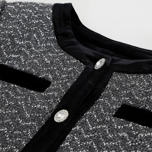 QE102斯尔丽2025春季新款小香风拼丝绒烫印工艺搭配直身半裙女式套装 商品图5