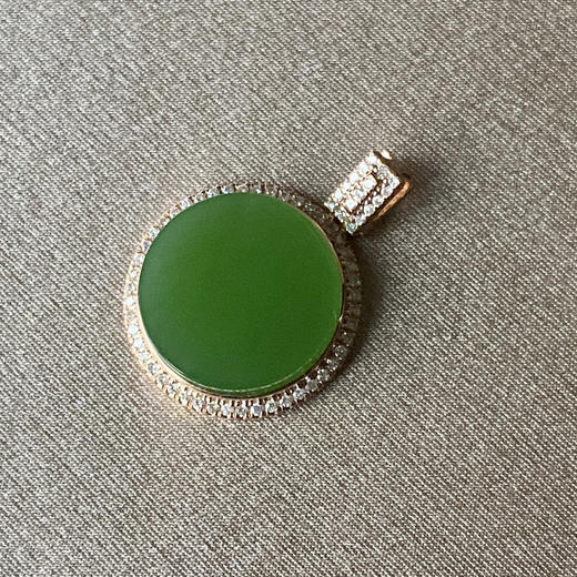 18K玫瑰金和田玉（碧玉）镶钻吊坠 /圆牌直径14mm/高色苹果绿 商品图2