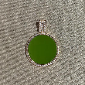 18K玫瑰金和田玉（碧玉）镶钻吊坠 /圆牌直径14mm/高色苹果绿