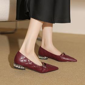 【预售5天】垫脚Q弹~春季新品质感水钻跟超软羊皮菱格一字带浅口单鞋YS&3833