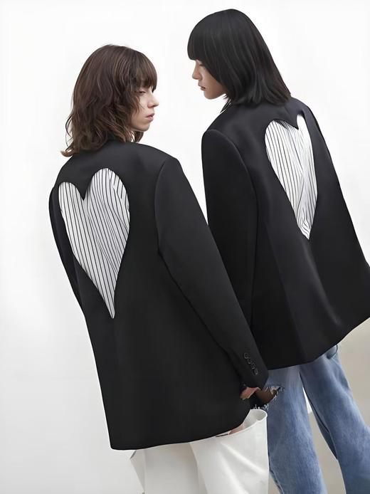 七夕福利-NO退 醋酸~明星同款【外套】缎面65%醋酸爱心条纹镂空西装外套-喜出 商品图1