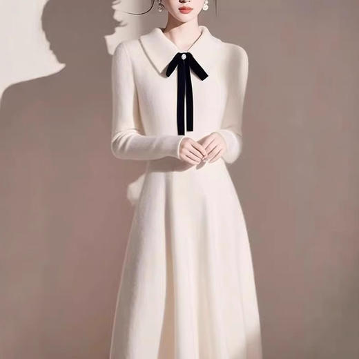 韩系翻领蝴蝶结设计感长袖套头A字裙针织裙收腰显瘦 商品图1