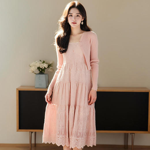 奢姿大码女装2025春季蕾丝吊带绣花连衣裙两件套胖妹妹时尚套装9952956382 商品图3