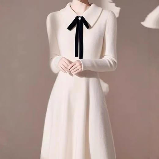 韩系翻领蝴蝶结设计感长袖套头A字裙针织裙收腰显瘦 商品图2