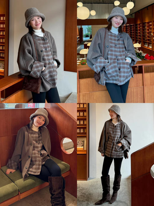 HIDEMI 进口澳洲羊毛双面呢色织格纹纽扣马甲两件套式极简廓形大衣外套 商品图1