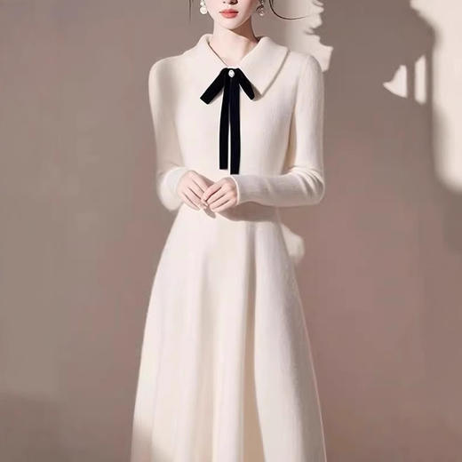 韩系翻领蝴蝶结设计感长袖套头A字裙针织裙收腰显瘦 商品图0