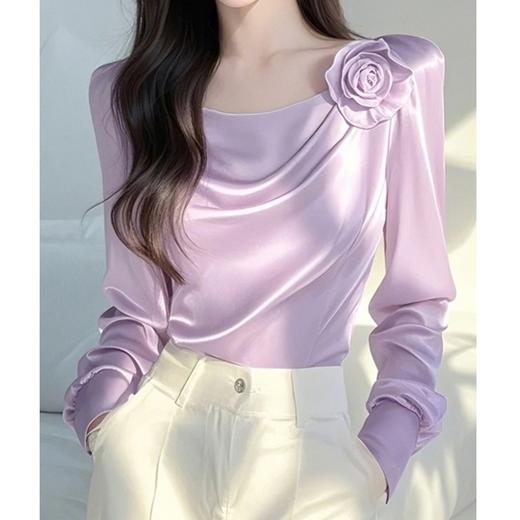 MZ1891时尚高端轻奢风紫色荡领花朵长袖缎面衬衫女春秋款设计感小众上衣 商品图0
