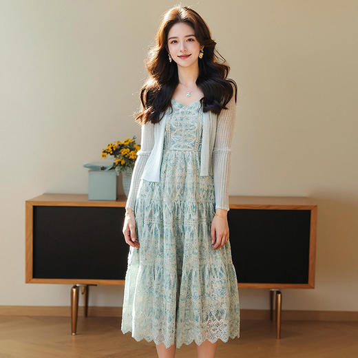 奢姿大码女装2025春季蕾丝吊带绣花连衣裙两件套胖妹妹时尚套装9952956382 商品图4