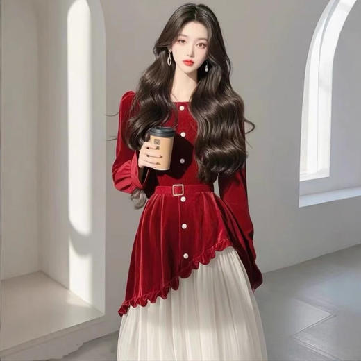 法式高级感漂亮独特气质名媛小香风红色拼接收腰连衣裙 商品图0