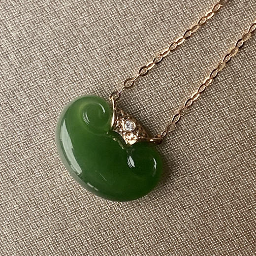 18K玫瑰金和田玉（碧玉）镶钻项链--元宝/如意纹元宝11*15mm/链长40+2cm/菠菜绿 商品图0