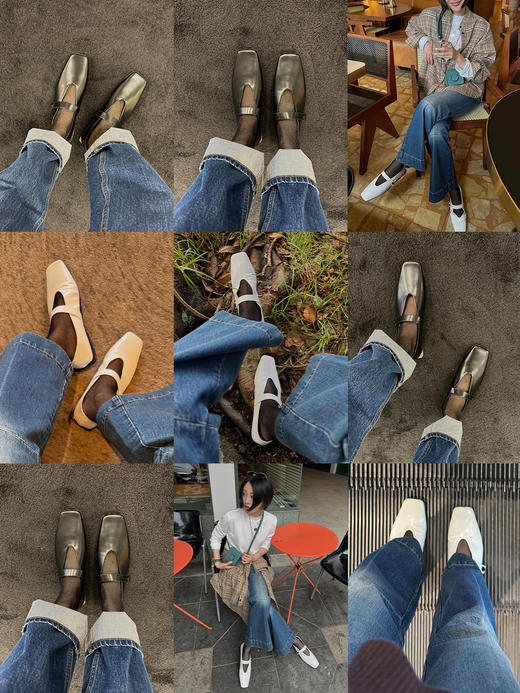 HIDEMI 极简方头进口小牛皮搭襻式玛丽珍平底鞋 黑色/白色 商品图1