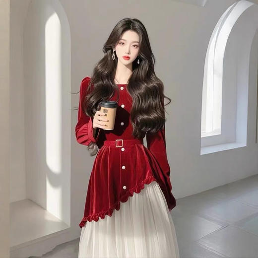 法式高级感漂亮独特气质名媛小香风红色拼接收腰连衣裙 商品图2