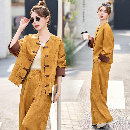 WZNHGJC2512新中式两件套裤春季2025新款女装国风盘扣提花复古时尚休闲套装 商品图1