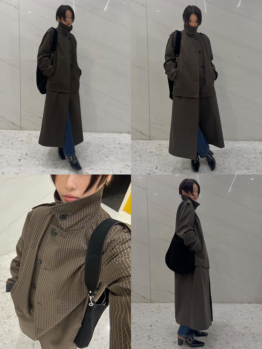 HIDEMI【孟子义同款】复古色织格纹廓形设计感可拆卸下摆长款风衣 商品图1