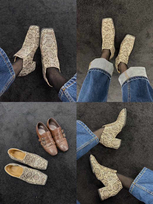 HIDEMI 进口顶级甄选蟒蛇皮极简方头都市设计感粗跟中跟皮鞋 商品图1