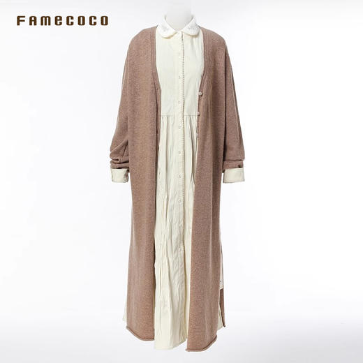 Famecoco范可儿开身毛衫长款含绵羊毛胸口刺绣纯色无领FAB6DF002 商品图4