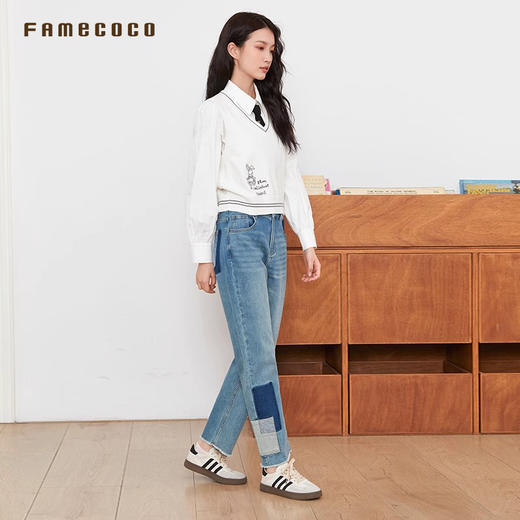 Famecoco商场同款复古水洗拼接磨毛通勤直筒牛仔裤春款FAB6GA017 商品图1