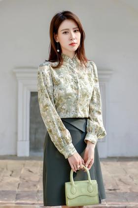 Le Malene 气质花边领抽象晕染图案衬衫 15515