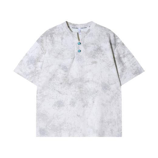 T2589夏季新款时尚个性韩版扎染纽扣小V领短袖T恤简约百搭慵懒套头上衣 商品图1