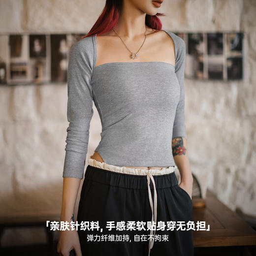 马登格雷系一字领镂空长袖T恤辣妹挂脖扭结DIY坎肩百变露肩上衣女 商品图3