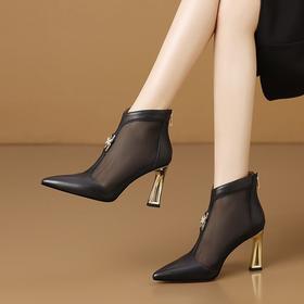 【预售5天】欧美网纱高跟短靴女春夏季单靴子气质尖头真皮后拉链马丁靴HY&H3600