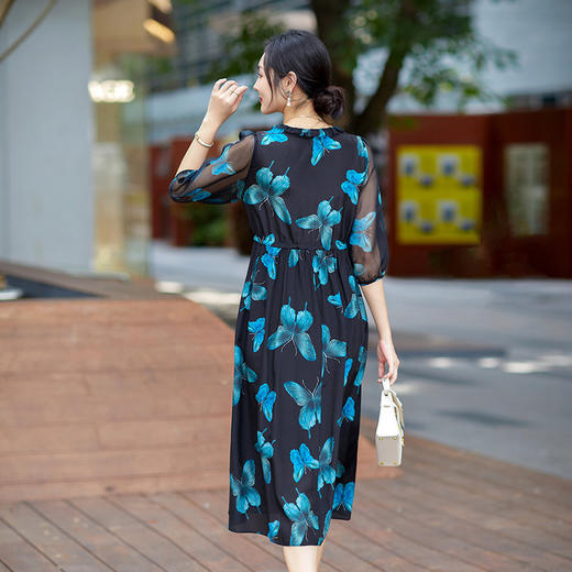 丁摩 春夏新品法式V字收腰气质花边蝴蝶印花短袖连衣裙75232 商品图3