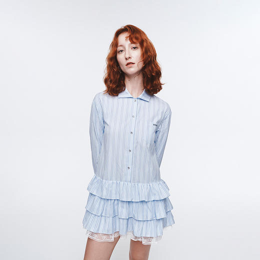 HERLIAN 2025年春季女士木耳边边拼接衬衫连衣裙 商品图0