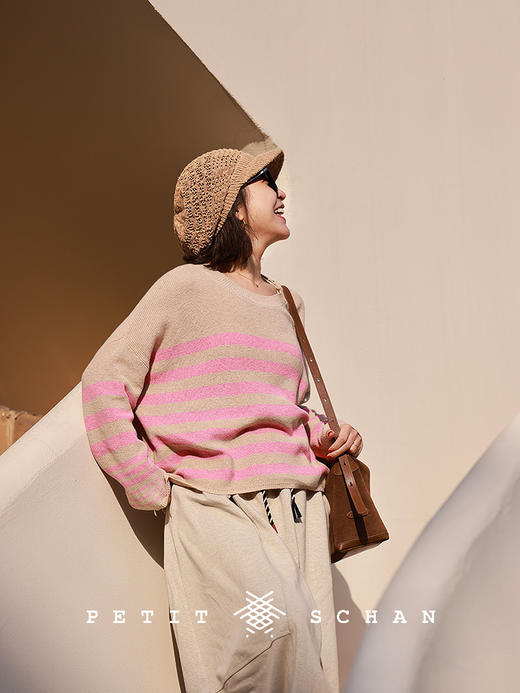 PETIT SCHAN小闪 CLO#736 Sprout 新芽 山羊绒棉柔软透气宽松落肩短款显瘦宽条纹针织衫 商品图0