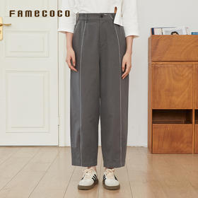 Famecoco文艺范简约立体明线棉质休闲宽松显瘦直筒裤春秋款FAB6GA014
