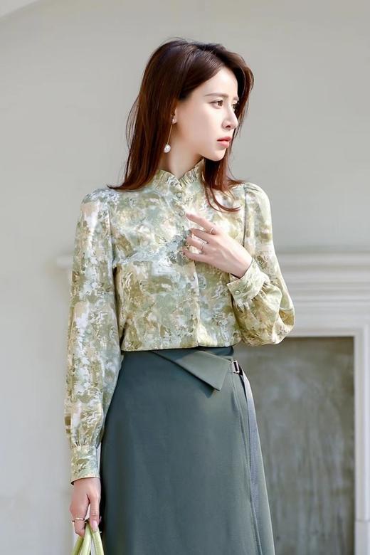 Le Malene 气质花边领抽象晕染图案衬衫 15515 商品图1