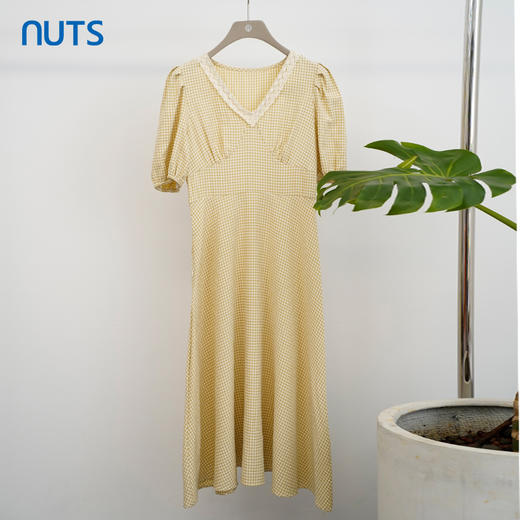 NUTS商场同款V领高腰显瘦格子短袖连衣裙121101164 商品图0