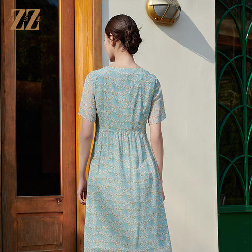 佐尔美夏季新款 气质甜美碎花桑蚕丝短袖连衣裙女M42LS51 商品图4